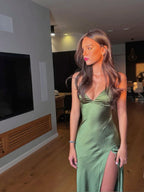 Spaghetti Straps Green Sexy Prom Dress Long Evening Dresses With Split