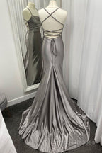 Spaghetti Straps Grey Mermaid Satin Long Formal Prom Dress
