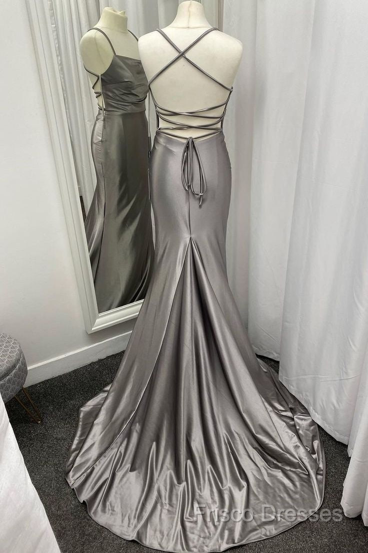 Spaghetti Straps Grey Mermaid Satin Long Formal Prom Dress