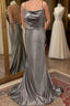 Spaghetti Straps Grey Mermaid Satin Long Formal Prom Dress