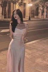 Spaghetti Straps Ivory Satin Mermaid Prom Dresses Side Slit Prom Dress