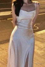 Spaghetti Straps Ivory Satin Mermaid Prom Dresses Side Slit Prom Dress