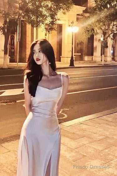 Spaghetti Straps Ivory Satin Mermaid Prom Dresses Side Slit Prom Dress Main image