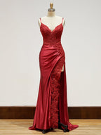 Spaghetti Straps Lace Bodice Long Prom Dress with Slit