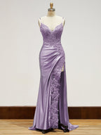 Spaghetti Straps Lace Bodice Long Prom Dress with Slit