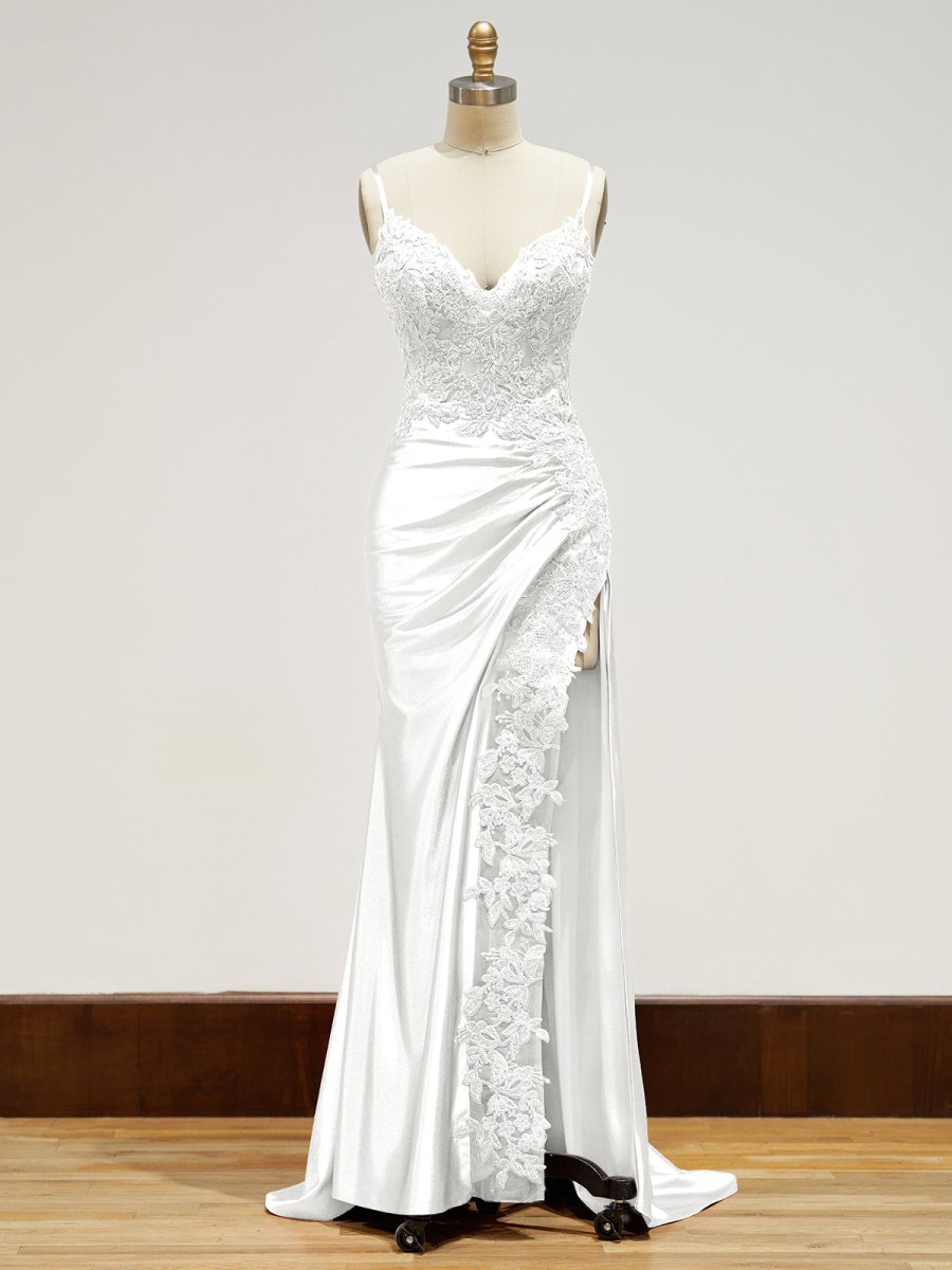 Spaghetti Straps Lace Bodice Long Prom Dress with Slit