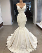 Spaghetti Straps Lace Fit and Flare Wedding Dress Overskirt Appliques Detachable Satin Backless Bridal Gowns