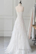 Spaghetti Straps Lace Tulle Floor Length Beads Formal Prom Dress Wedding Dress With Flowers