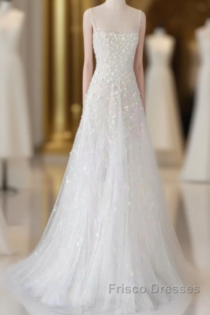 Spaghetti Straps Lace Tulle Floor Length Beads Formal Prom Dress Wedding Dress With Flowers