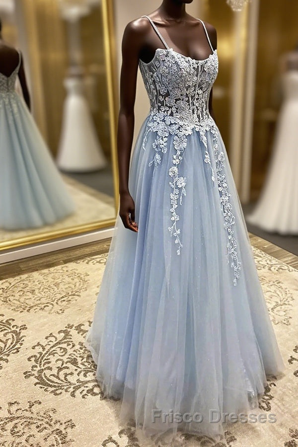 Spaghetti Straps Light Blue Lace Formal Prom Dresses, Light Blue Lace Formal Evening Dresses