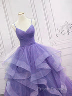 Spaghetti Straps Light Purple Long Formal Prom Dress A Line Layered Birthday Party Dress