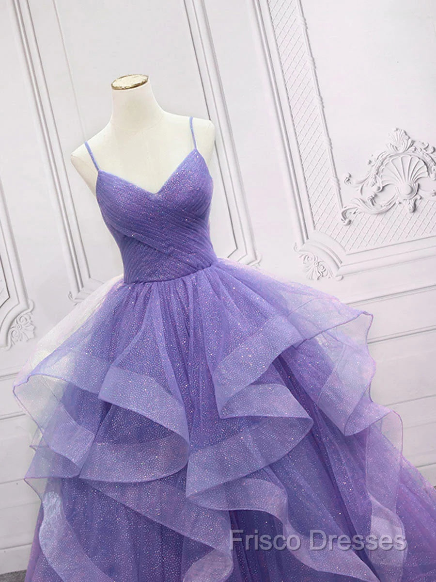 Spaghetti Straps Light Purple Long Formal Prom Dress A Line Layered Birthday Party Dress