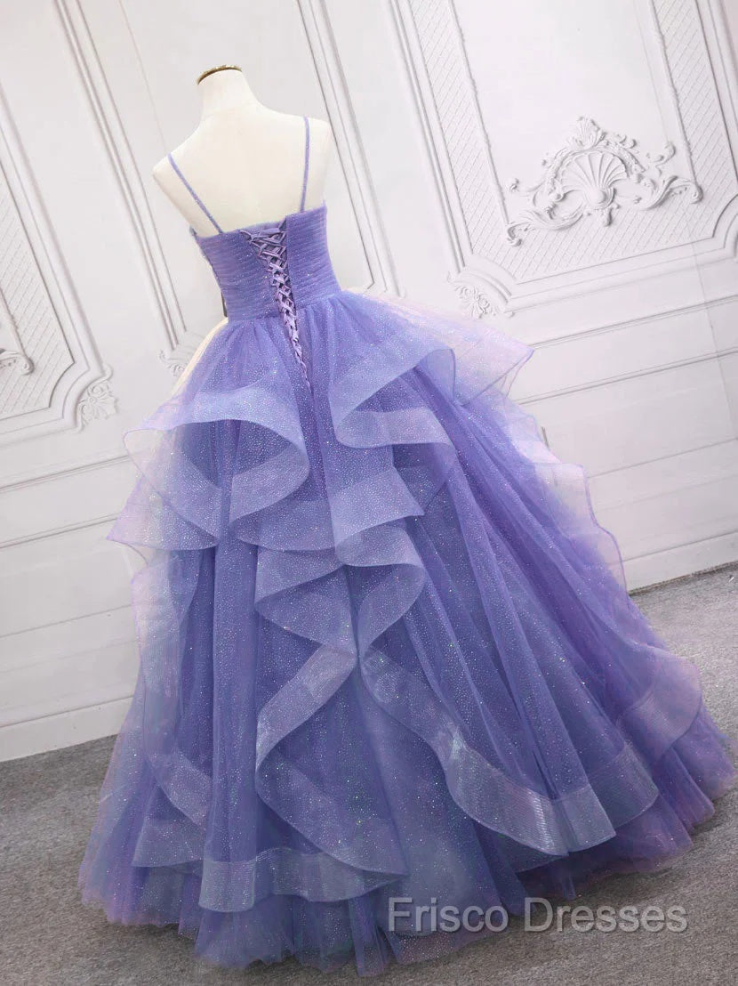 Spaghetti Straps Light Purple Long Formal Prom Dress A Line Layered Birthday Party Dress