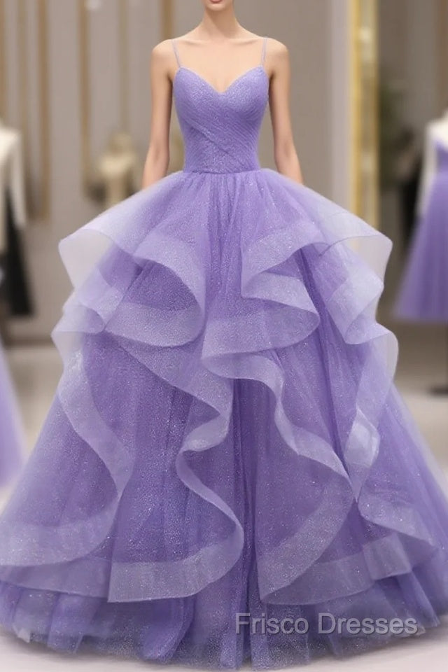 Spaghetti Straps Light Purple Long Formal Prom Dress A Line Layered Birthday Party Dress Main image