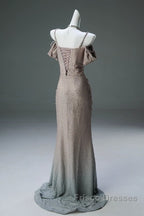 Spaghetti Straps Mermaid Beading Satin Long Formal Prom Dress Rhinestone Formal Evening Dress