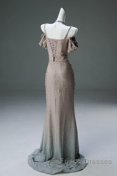 Spaghetti Straps Mermaid Beading Satin Long Formal Prom Dress Rhinestone Formal Evening Dress