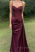 Spaghetti Straps Mermaid Formal Prom Dress Appliqued Corset Formal Prom Dress With Split