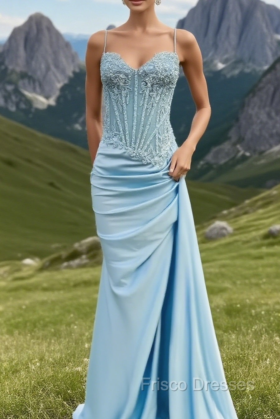 Spaghetti Straps Mermaid Formal Prom Dress Appliqued Corset Formal Prom Dress With Split