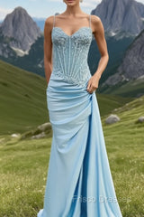 Spaghetti Straps Mermaid Formal Prom Dress Appliqued Corset Formal Prom Dress With Split