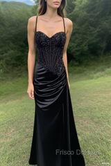 Spaghetti Straps Mermaid Formal Prom Dress Appliqued Corset Formal Prom Dress With Split