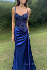 Spaghetti Straps Mermaid Formal Prom Dress Appliqued Corset Formal Prom Dress With Split