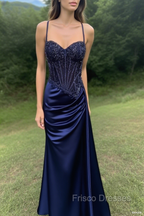 Spaghetti Straps Mermaid Formal Prom Dress Appliqued Corset Formal Prom Dress With Split