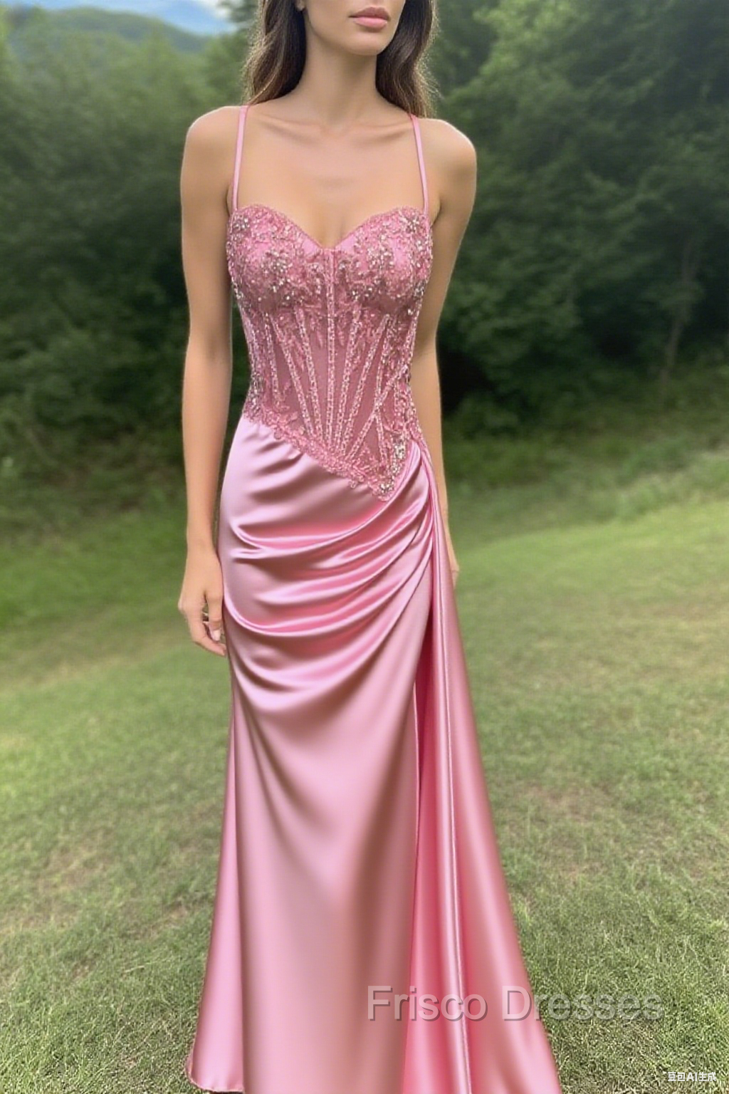 Spaghetti Straps Mermaid Formal Prom Dress Appliqued Corset Formal Prom Dress With Split