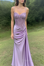 Spaghetti Straps Mermaid Formal Prom Dress Appliqued Corset Formal Prom Dress With Split