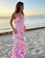 Dreamy Elegant Spaghetti Strap Pink Layered Ruffle Maxi Dress Long Chiffon Evening Gown Prom Dress