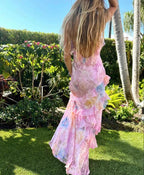 Dreamy Elegant Spaghetti Strap Pink Layered Ruffle Maxi Dress Long Chiffon Evening Gown Prom Dress