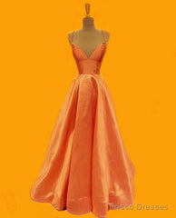 Spaghetti Straps Prom Dresses Long Satin V Neck
