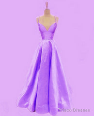 Spaghetti Straps Prom Dresses Long Satin V Neck