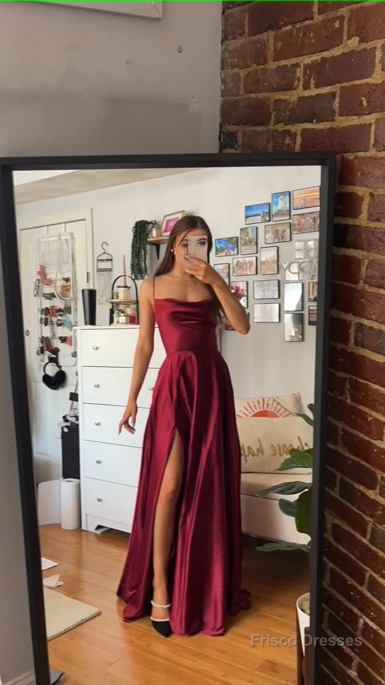 Spaghetti Straps Red Long Prom Dresses,Satin A-Line Evening Gown with Slit Main image