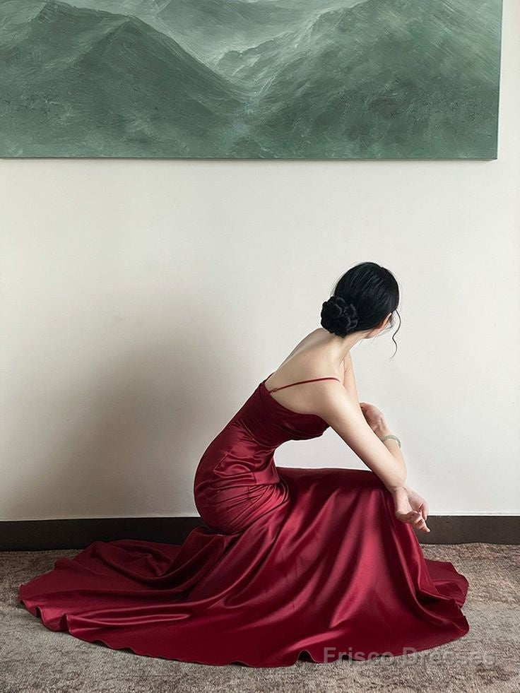 Spaghetti Straps Red Mermaid Long Prom Dresses