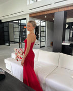 Spaghetti Straps Red Sheath Long Prom Dresses With Slit