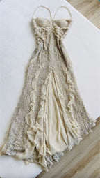 Spaghetti Straps Sequin Long Evening Prom Dresses With Slit