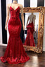 Spaghetti Straps Sequins Mermaid Long Red Prom Dress