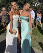Spaghetti Straps Sheath Light Blue Prom Dress Formal Satin Party Dress