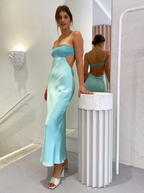 Spaghetti Straps Sheath Light Blue Prom Dress Formal Satin Party Dress