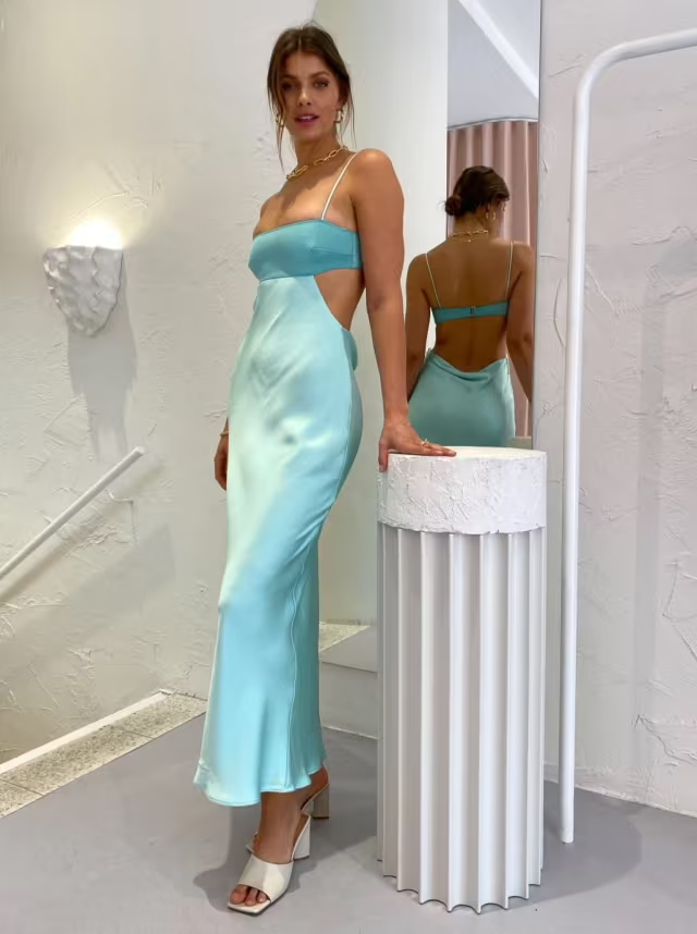 Spaghetti Straps Sheath Light Blue Prom Dress Formal Satin Party Dress