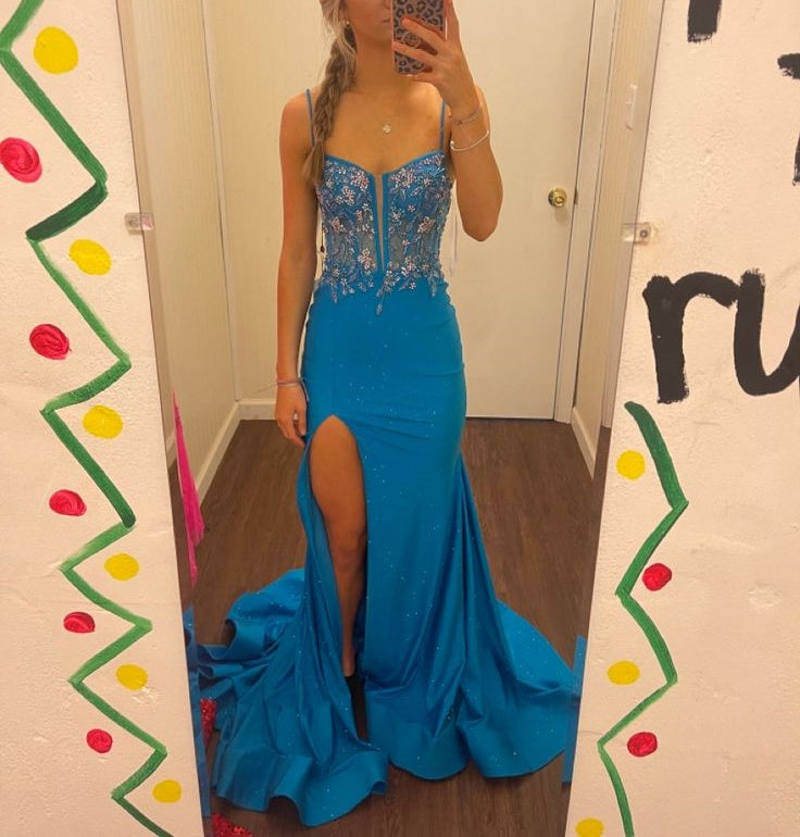 Blue Spaghetti Strap Gorgeous Exquisite Beaded Bodycon Long Satin High Slit Ball Gown Evening Dress