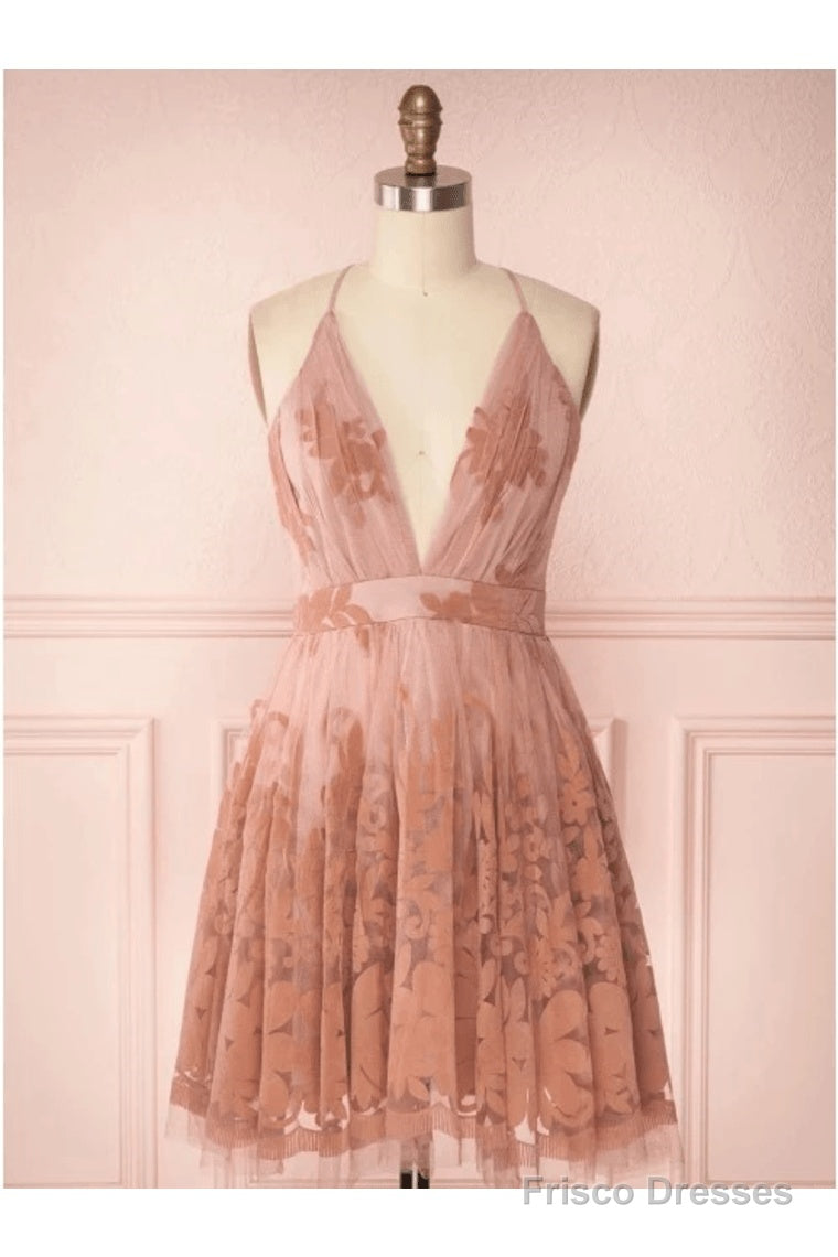 Spaghetti Straps Short Pink Homecoming Dress Criss Cross Back