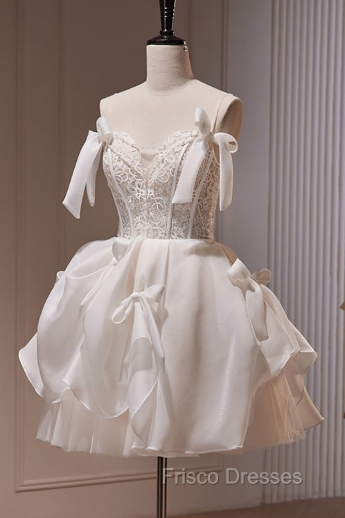 Spaghetti Straps Short Formal Prom Dress with Lace, Homecoming Gown with Bowknot