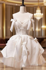 Spaghetti Straps Short Formal Prom Dress with Lace, Homecoming Gown with Bowknot