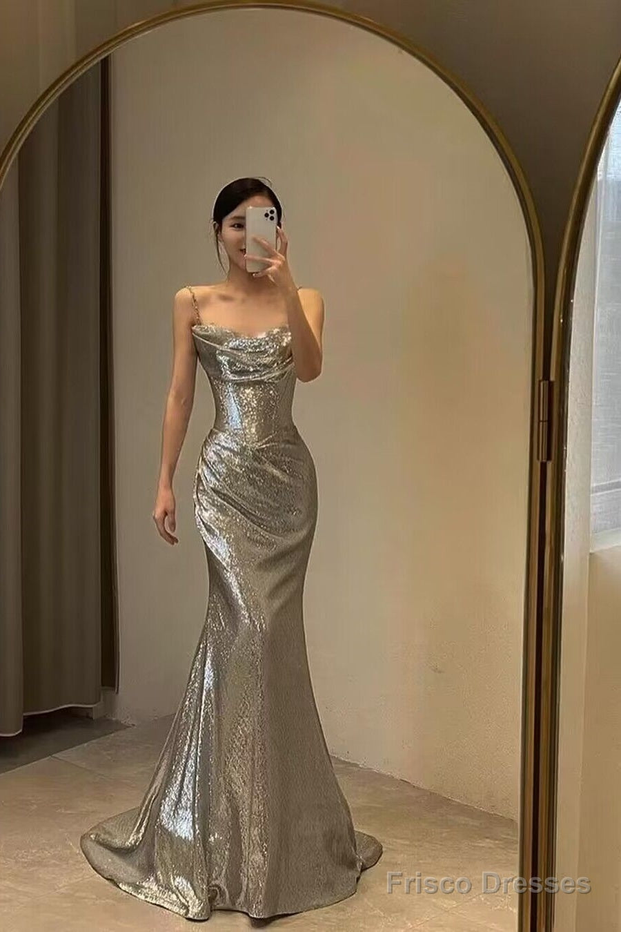 Spaghetti Straps Silver Mermaid Long Prom Dresses Secondary image
