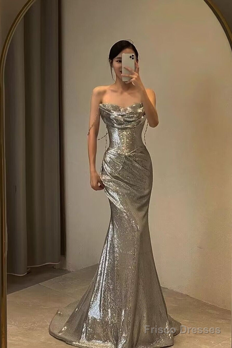 Spaghetti Straps Silver Mermaid Long Prom Dresses Main image