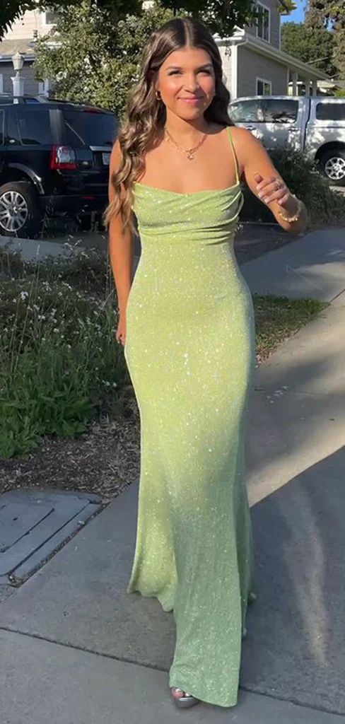 Spaghetti Straps Sparkly Long Prom Dresses Mermaid Prom Dress