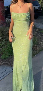 Spaghetti Straps Sparkly Long Prom Dresses Mermaid Prom Dress