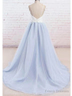 Spaghetti Straps Sweep Train Backless Light Blue Tulle Prom Dress Evening Dress