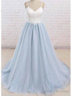 Spaghetti Straps Sweep Train Backless Light Blue Tulle Prom Dress Evening Dress